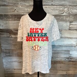 Amazon Women's Short Sleeve Baseball Tee - White & Gray with Red and Green Print